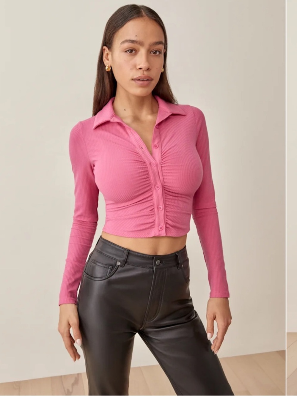 Reformation Elon  Pink Ribbed Cropped Button-Down Top Size XS